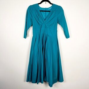 Teal retro faux wrap pleated neckline dress vintage
